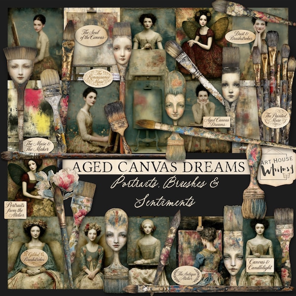 Aged Canvas Dreams-Portraits, Brushes & Sentiments: 16 Portraits, 20 Png Brushes, 10 Sentiments, 4 Sizes, CU