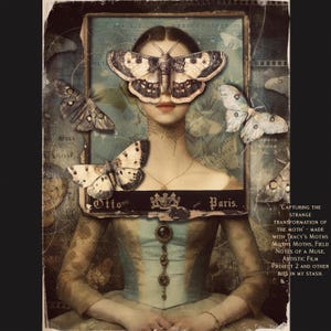 May include: A vintage-style portrait of a woman with a large moth covering her eyes. The moth is brown and black with white markings. The woman is wearing a blue and white dress and a necklace. The background is a collage of old paper and photographs. The text "Otto" and "Paris" are visible in the image. The text "Capturing the Strange Transformation of the Moth - Made with Tracy's Moths, Moths Moths, Field Notes of a Muse, Artistic Film Project 2 and other bits in my stash." is also visible in the image.