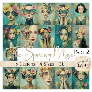 The Spring Muse Part 2 - 16 Surreal Frühling weibliche Pastell Blumen Gesichter, Digital Art, (8.5x11"), CU, Junk Journal, Digital Art