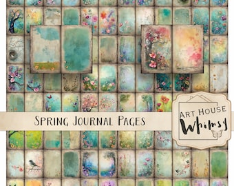 May include: A digital collage sheet with 64 images of spring-themed designs. The images feature flowers, trees, birds, butterflies, and other nature-inspired elements. The images are in a vintage style with a faded, textured look. The text "SPRING JOURNAL PAGES" is at the bottom of the sheet.