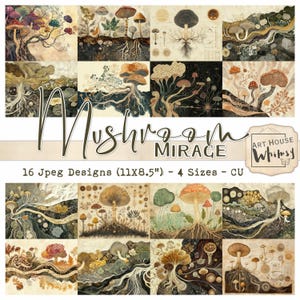 May include: A collection of 16 JPEG designs featuring watercolor illustrations of various mushrooms. The artwork includes detailed depictions of different mushroom species, with roots and stems. The designs are 11x8.5 inches in size, with four size options.