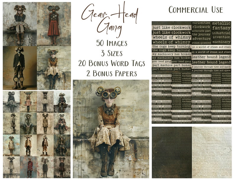 Gear Head Gang, 50 Grungy Steampunk Jpeg Images 3 Sizes & Bonus Word Tags and Papers, CU, Card Making, Junk Journals, Digital Art image 2