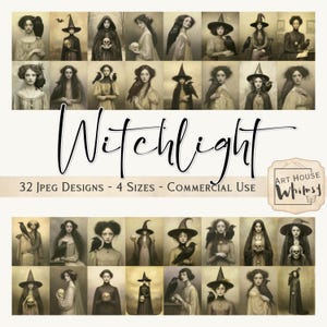 May include: A digital collection titled Witchlight featuring 32 JPEG designs of figures in witch-themed attire, including pointed hats, cloaks, skulls, and ravens, presented in a grid layout with the text Art House Whimsy in a badge.