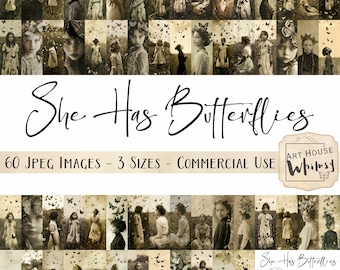 She Has Butterflies - 60 Vintage Female Images with Fluttering Butterflies, (3 Sizes), Junk Journals, Digital Art, Old Photographs