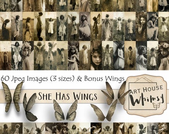 Ella tiene alas - 60 imágenes de hadas vintage (3 tamaños) y alas adicionales para revistas basura, arte digital, fotografías de hadas antiguas