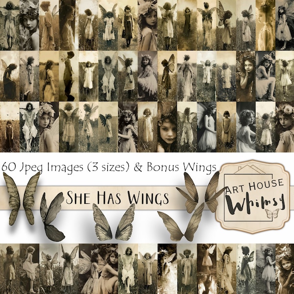 She Has Wings - 60 Vintage Fairy Images (3 Sizes) & Bonus Wings for junk journals, Digital Art, Old Fairy Photographs