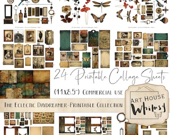 The Eclectic Daydreamer - Printable Collection, CU,  Dark Grunge Style Vintage Kit, 24 Collage Sheets (11x8.5&quot;), Junk Journal, Fussy Cuts.