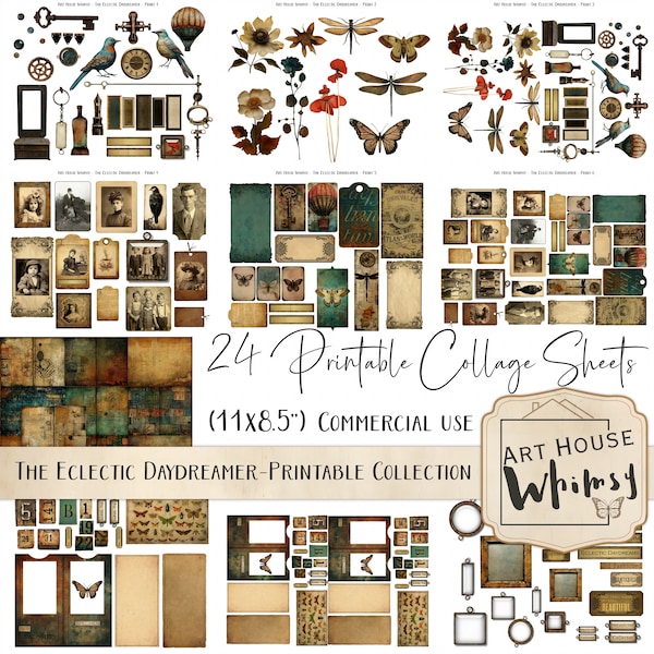 The Eclectic Daydreamer - Printable Collection, CU,  Dark Grunge Style Vintage Kit, 24 Collage Sheets (11x8.5"), Junk Journal, Fussy Cuts.