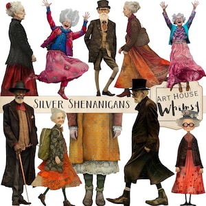 Silver Shenanigans, gráficos peculiares para idosos, uso comercial, antiguidades caprichosas, clipart divertido, 10 elementos PNG e 4 folhas para impressão