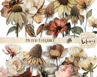 Muted Elegance:  Autumn Floral PNG Set, Flower Clipart, Commercial Use (Digital Download)