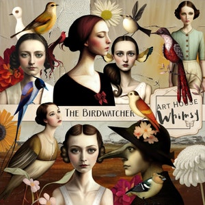 The Birdwatcher-20 elements Vintage wunderliche Damen, Pflanzen, Vögel & 2 Papiere plus bedruckbare Blätter, kommerzielle Nutzung, digitaler Download,
