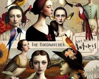 The Birdwatcher:  Vintage Birdwatcher Clipart, Ladies, Botanicals & Birds (Digital Download)