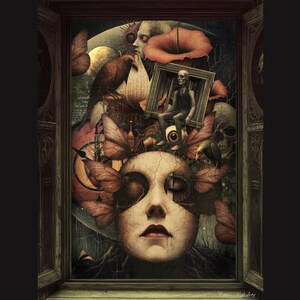 May include: A surreal, dark art painting featuring a woman's face with butterfly wings and a cracked, aged texture. The background is filled with various symbols and imagery, including a clock, an eye, and a bird.