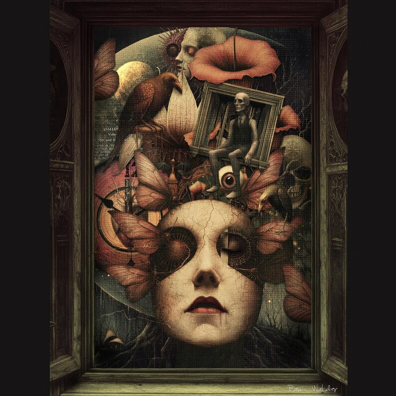 May include: A surreal, dark art painting featuring a woman's face with butterfly wings and a cracked, aged texture. The background is filled with various symbols and imagery, including a clock, an eye, and a bird.