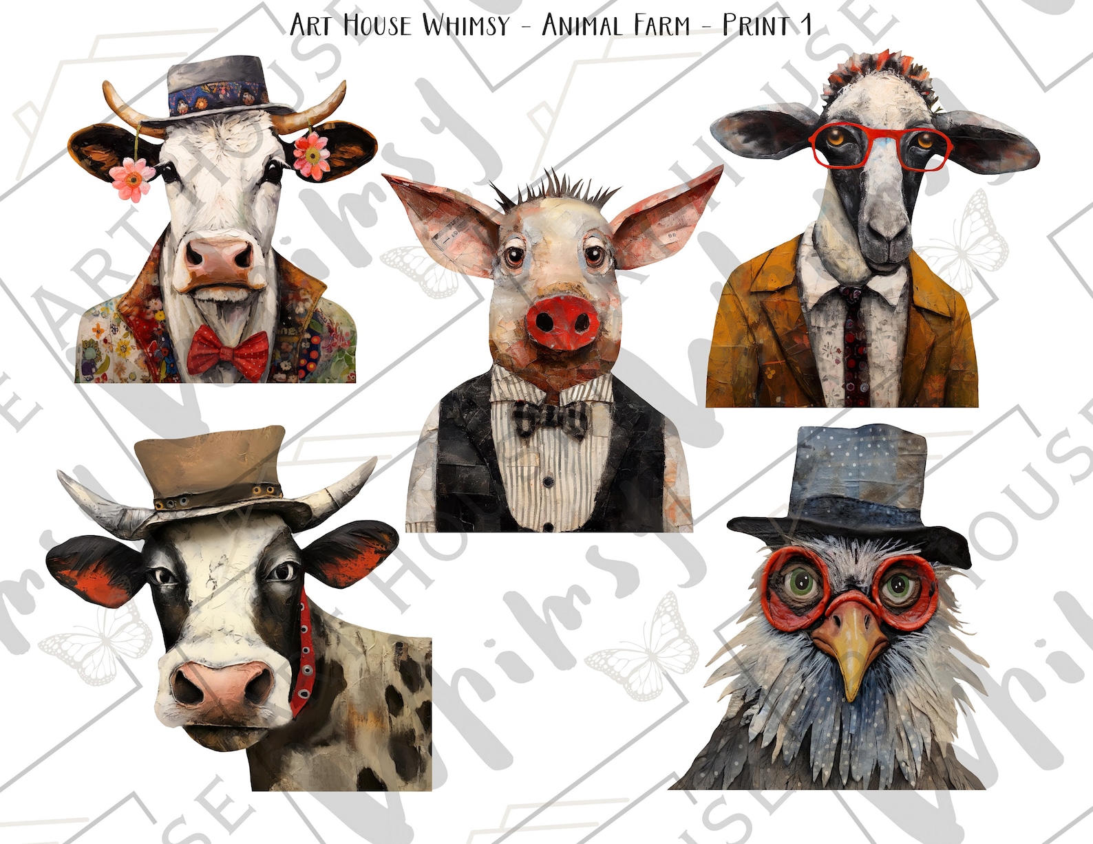 Animal Farm Whimsical Farm Animal Characters, 10 Pngs, 12 Papers, 15