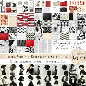 Colección de collages en blanco y negro y rojo: 132 recursos digitales, 3 tamaños (28 x 21,5 cm), diario basura de arte digital vintage con tipografía artística, CU