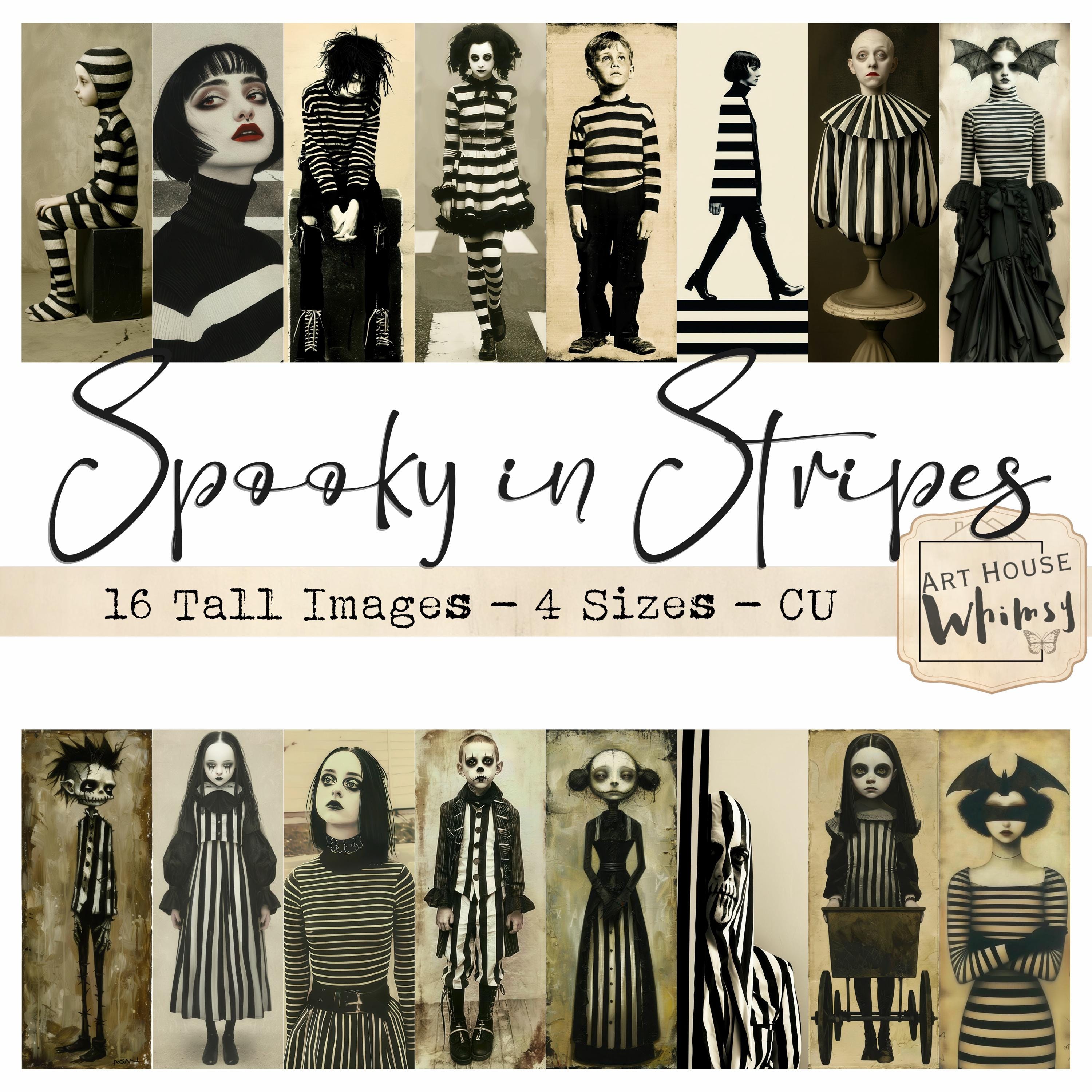 Spooky in Stripes - 16 Gothic Whimsical Halloween Characters Tall 4.25x11" Jpeg  (4 Sizes), Junk Journals, Digital Art,