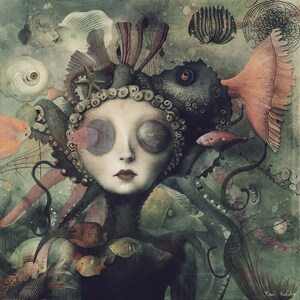 May include: A surreal digital painting of a woman with a crown of seaweed and fish, surrounded by a swirling underwater scene. Her eyes are large and round, with one covered by a large, round, gray scale. The woman's face is pale and her lips are painted a deep red.