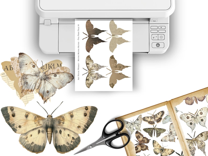 May include: A sheet of paper with printed images of butterflies in shades of brown and beige. The paper is being printed from a printer. A book with pages of butterflies is open on a table. The butterflies are in various shades of brown, beige, and white.