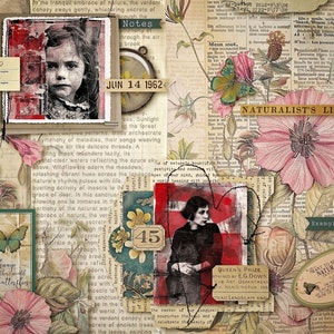 Peut inclure: Un collage vintage avec le portrait d'une jeune fille, des papillons, des fleurs et du texte. Le texte comprend "Naturalist's Library", "June 14, 1962", et "Example No. 47544".