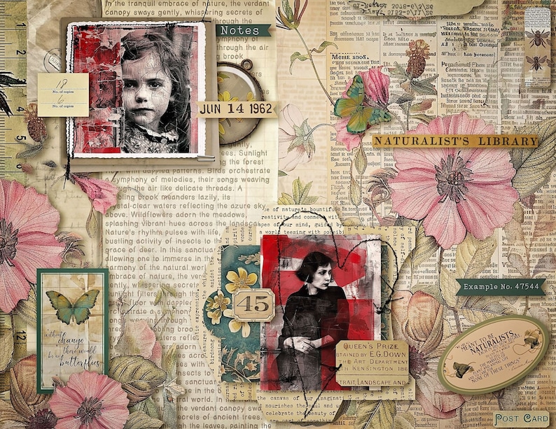 Peut inclure: Un collage vintage avec le portrait d'une jeune fille, des papillons, des fleurs et du texte. Le texte comprend "Naturalist's Library", "June 14, 1962", et "Example No. 47544".