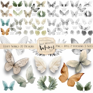 Leafy Wings-20 Png Designs-2 wersje-3 rozmiary, CU, pobieranie cyfrowe, Junk Journals, sztuka cyfrowa