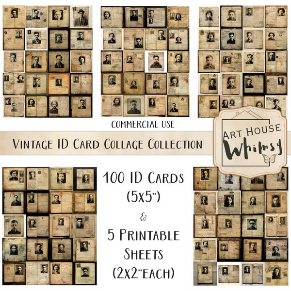 Vintage ID Card Collage Collection - 100 Images for junk journals, 5 Printable Sheets, Shabby Grunge, Digital Scrapbooking, Commercial Use