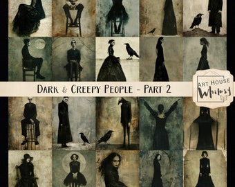 Puede incluir: Un collage de 18 imágenes de arte digital con personas oscuras y espeluznantes en varias poses. Las imágenes están en formato de cuadrícula y tienen un aspecto vintage y desgastado. El título "Dark & Creepy People - Part 2" está en la parte superior del collage. El logotipo "Art House Whimsy" está en la esquina inferior derecha.