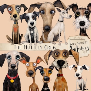 De Muttley Crew, eigenzinnige Mixed Media Dog-personages, grillige honden graphics, K9 clipart, commercieel gebruik, 10 PNG-elementen & afdrukbare vellen