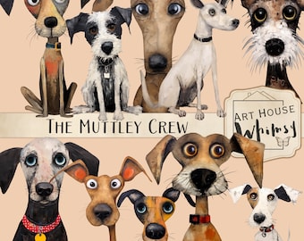The Muttley Crew, schrullige Mixed Media Hundefiguren, wunderliche Hundegrafik, K9 Clipart, kommerzielle Nutzung, 10 Png-Elemente und druckbare Blätter