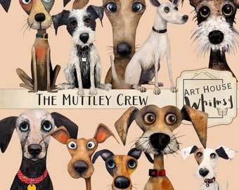 The Muttley Crew:  Whimsical Dog Clipart, Mixed Media K9 Graphics (Commercial Use)