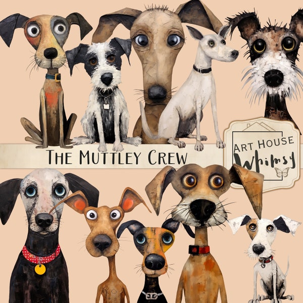 The Muttley Crew, schrullige Mixed Media Hundefiguren, wunderliche Hundegrafik, K9 Clipart, kommerzielle Nutzung, 10 Png-Elemente und druckbare Blätter