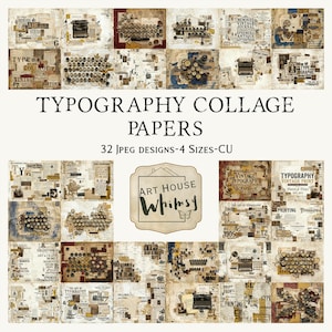 Typografikollagepapper: 32 JPEG Vintage Grunge-typpapper, 4 storlekar, CU, (digitala JPEG-bilder 11x8,5 tum)