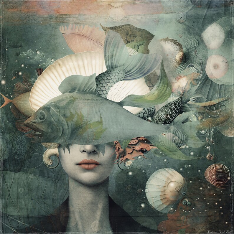 May include: A surreal digital art piece featuring a woman's face with a large fish covering her eyes. The fish is surrounded by other fish, shells, and other aquatic imagery. The background is a muted green and blue.