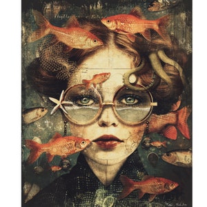 May include: A woman with red hair wears round glasses with a reflection of water and fish. The glasses are decorated with a starfish and a chain. The woman is surrounded by gold fish and an octopus.