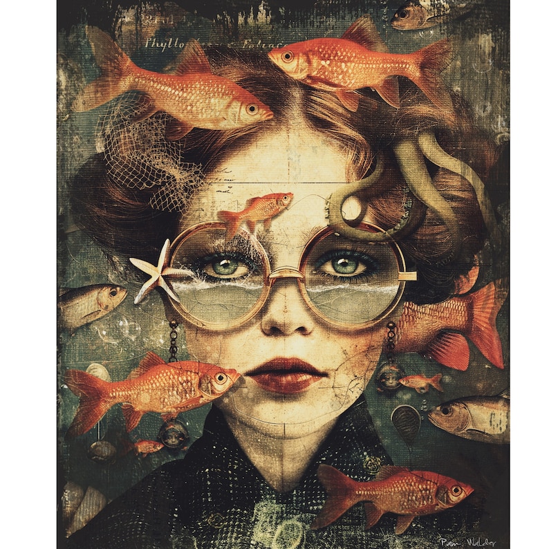 May include: A woman with red hair wears round glasses with a reflection of water and fish. The glasses are decorated with a starfish and a chain. The woman is surrounded by gold fish and an octopus.