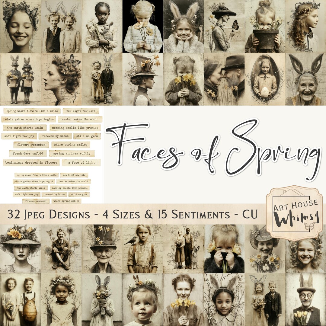 Faces of Spring-sepia Sketchy Portraits, Easter Spring, 4 Sizes ...