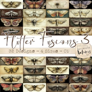 Peut inclure: Un collage de 32 motifs de papillons de nuit de différentes couleurs, dont le marron, le rouge et le violet. Le texte "Flutter Fusions 3" est affiché, ainsi que "32 Designs - 4 Sizes - CU". Les motifs sont disposés en grille.