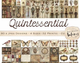 Quintessential -  Aged distressed Soft Steampunk Collection, Florals Vintage Pinks Gold, 80 Designs, 4 Sizes, Digital Art, Junk Journal, CU