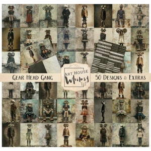 Gear Head Gang, 50 obrazów JPEG w stylu grunge steampunk w 3 rozmiarach i dodatkowe tagi słowne oraz papiery, CU, tworzenie kartek, dzienniki śmieci, sztuka cyfrowa