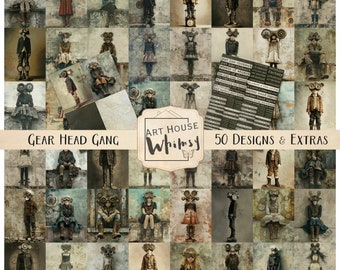 Gear Head Gang, 50 images Steampunk Jpeg grungy 3 tailles et papiers et étiquettes de mots en bonus, CU, fabrication de cartes, journaux indésirables, art numérique