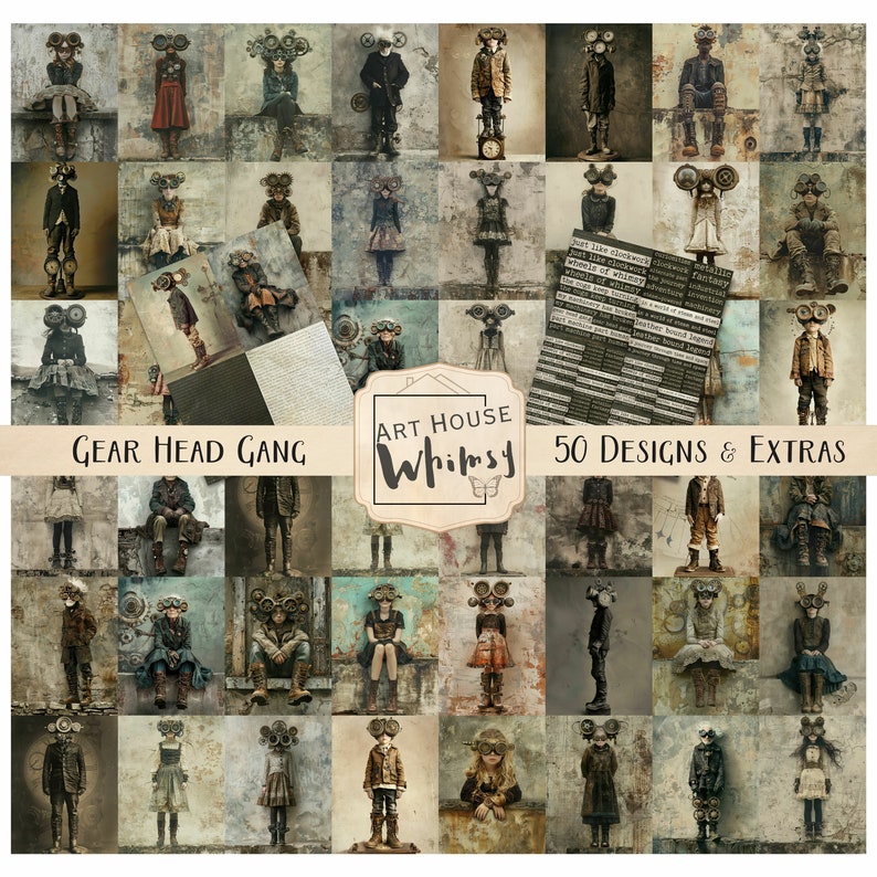 Gear Head Gang, 50 images Steampunk Jpeg grungy 3 tailles et papiers et étiquettes de mots en bonus, CU, fabrication de cartes, journaux indésirables, art numérique image 1