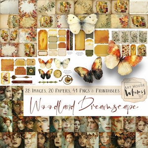 Colección de collages de paisajes oníricos de bosques: 89 recursos digitales, 3 tamaños (11 x 8,5 in), magia del bosque, otoño, diario basura de arte digital, CU