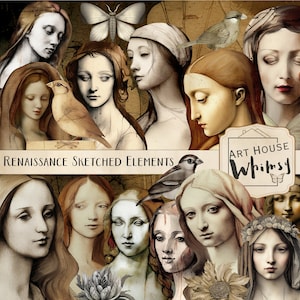 Pode incluir: Uma colagem digital de retratos inspirados no Renascimento, com mulheres de traços delicados e cabelos soltos. A colagem inclui pássaros, borboletas e elementos florais, criando uma estética caprichosa e romântica. O texto "Art House Whimsy" é visível no canto inferior direito.