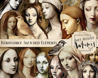 May include: A digital collage of Renaissance-inspired portraits, featuring women with delicate features and flowing hair. The collage includes birds, butterflies, and floral elements, creating a whimsical and romantic aesthetic. The text "Art House Whimsy" is visible in the bottom right corner.