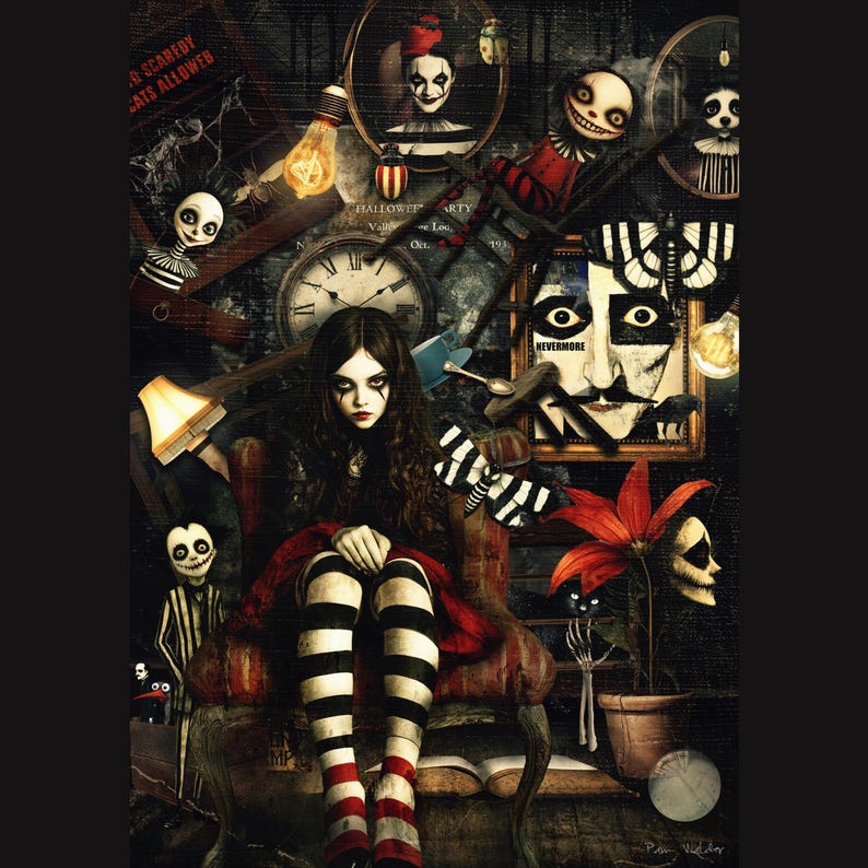 May include: A dark and whimsical illustration featuring a young girl with black and white striped stockings sitting in a vintage armchair. The room is decorated with antique clocks, a framed portrait of a clown, and other spooky details. The text "NEVERMORE" is visible on the portrait.