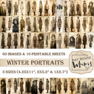 Retratos de invierno: 60 imágenes Jpeg vintage grandes y 10 hojas de collage para revistas basura, arte digital, fotografías antiguas de invierno/Navidad