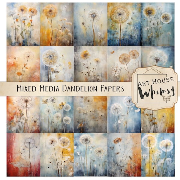 Mixed Media Dandelion Papers - 20 Textured Painterly Papers 8.5x11", 3 Sizes, Printable Backgrounds, CU, Digital Download, Junk Journal