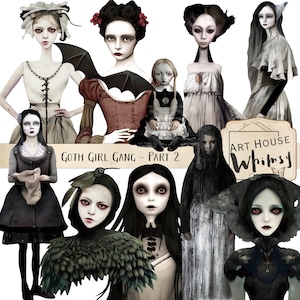 May include: A digital collage featuring ten goth girl characters with dark clothing, pale skin, and dramatic makeup. The characters are arranged in a whimsical and gothic style. The text "Goth Girl Gang - Part 2" is displayed at the bottom of the image.