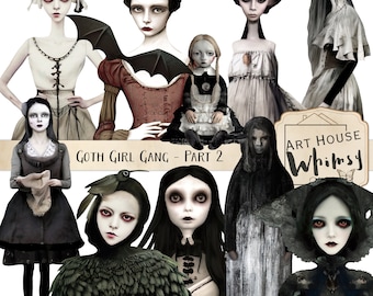 Goth Girl Gang Parte 2 - 11 elementos PNG, personajes góticos/de terror/de Halloween, imágenes prediseñadas góticas, uso comercial, diario basura